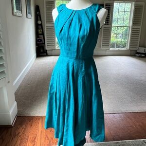 Lafayette 148 New York Size 2 Teal Blue Linen Sleeveless Dress Fit & Flare
